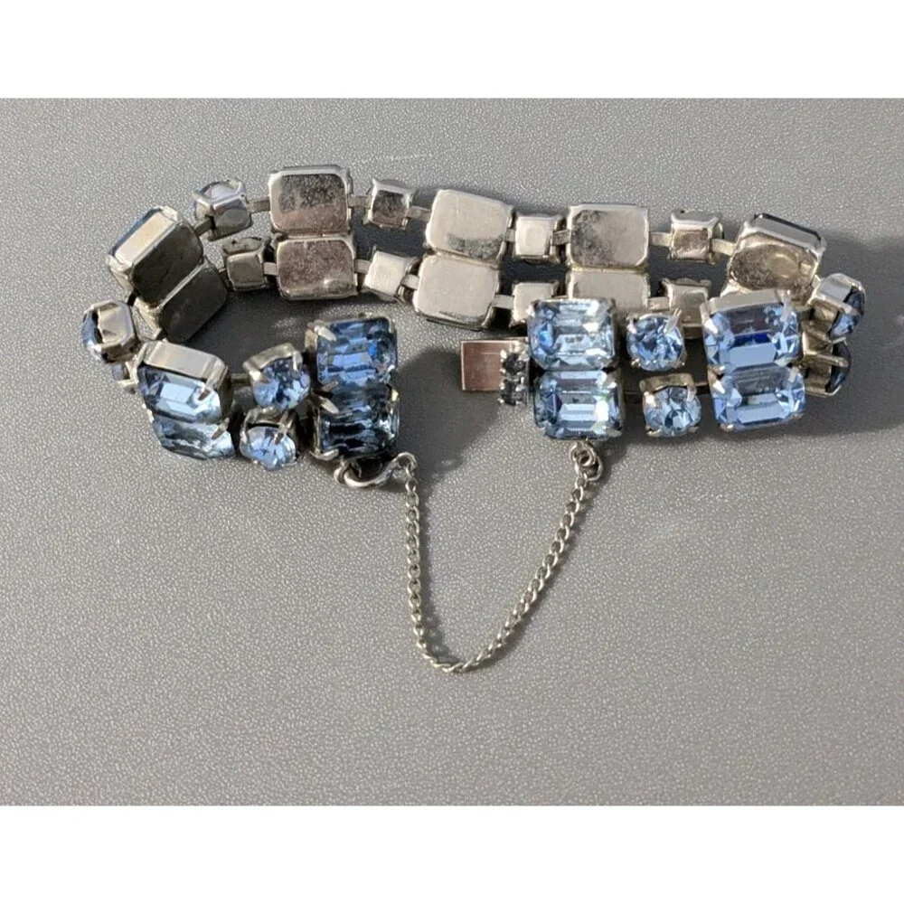 Vintage Silver Tone Blue Crystal Bracelet With Safety Clasp - Picture 8 of 9